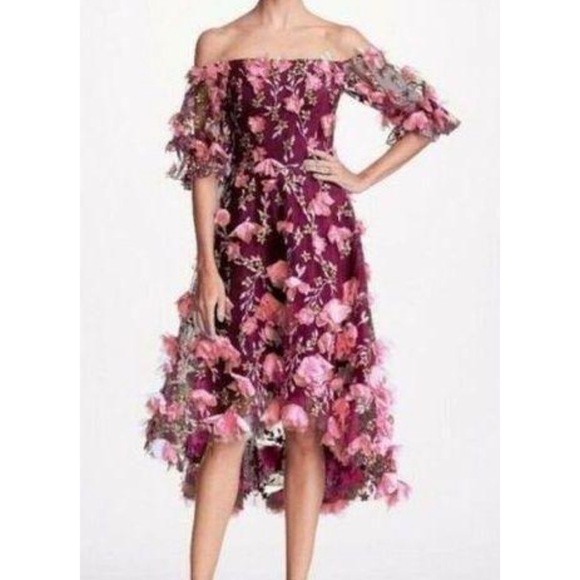 Marchesa Notte Maroon Pink Floral 3D Appliqu Off-Shoulder Dress Size